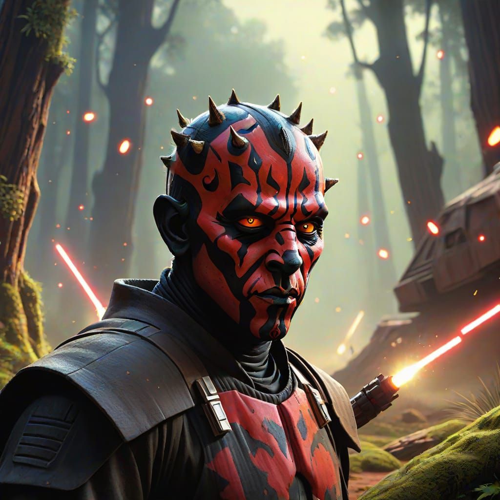 Darth Maul Amidst Tatooine-like Trees with Starfighter