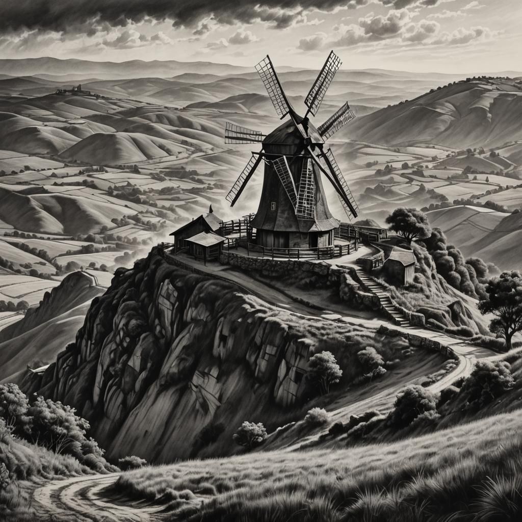 Charcoal Windmill on Hilltop: Detailed Drawing