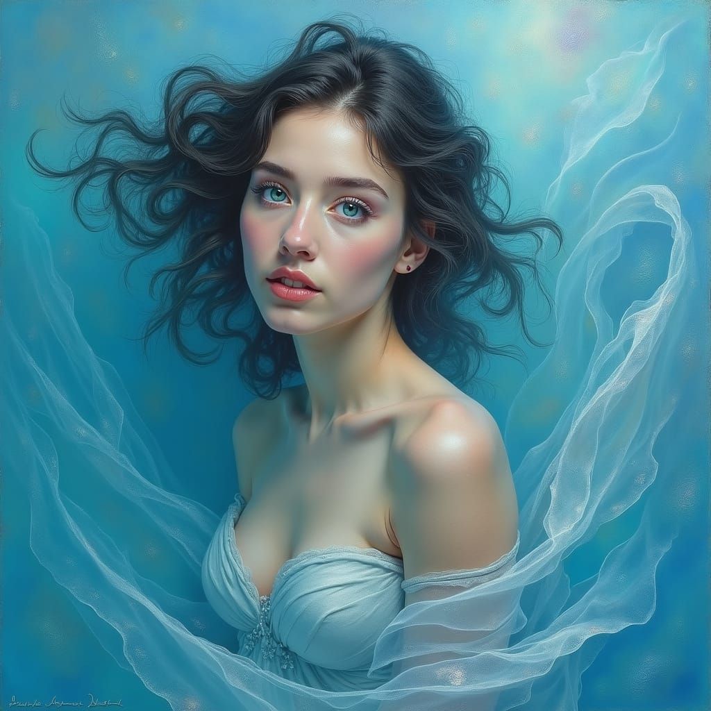 Woman with Turquoise Eyes in Ethereal Mist