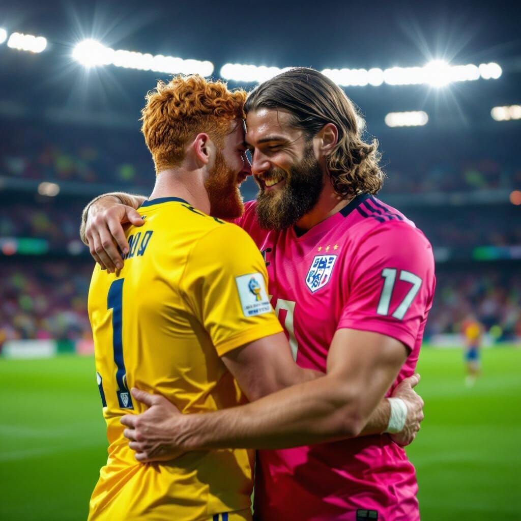 Football Players Embrace on Pitch in Hyperrealistic Style