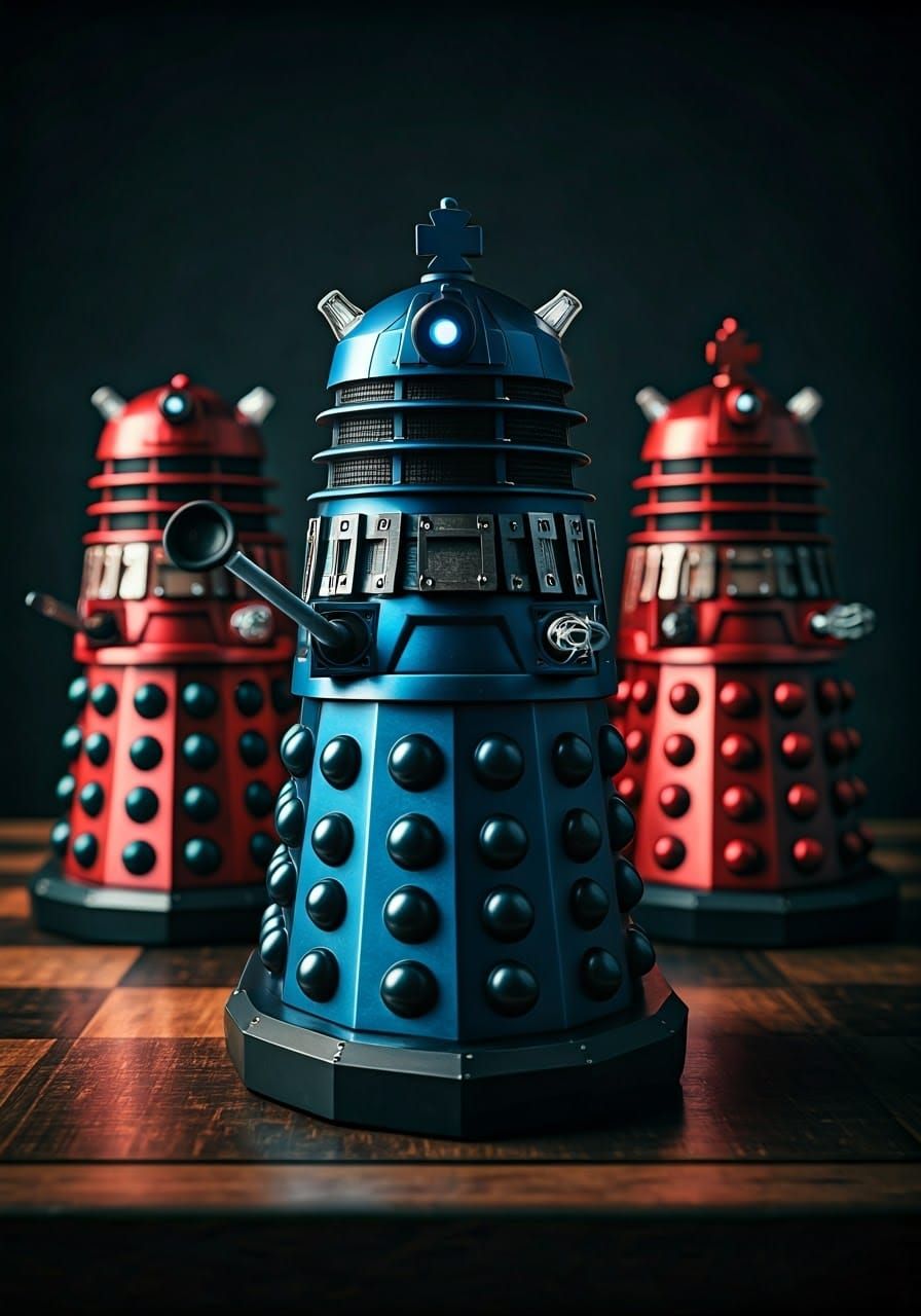Imposing Dalek Chess Pieces in Dark Wood Chessboard