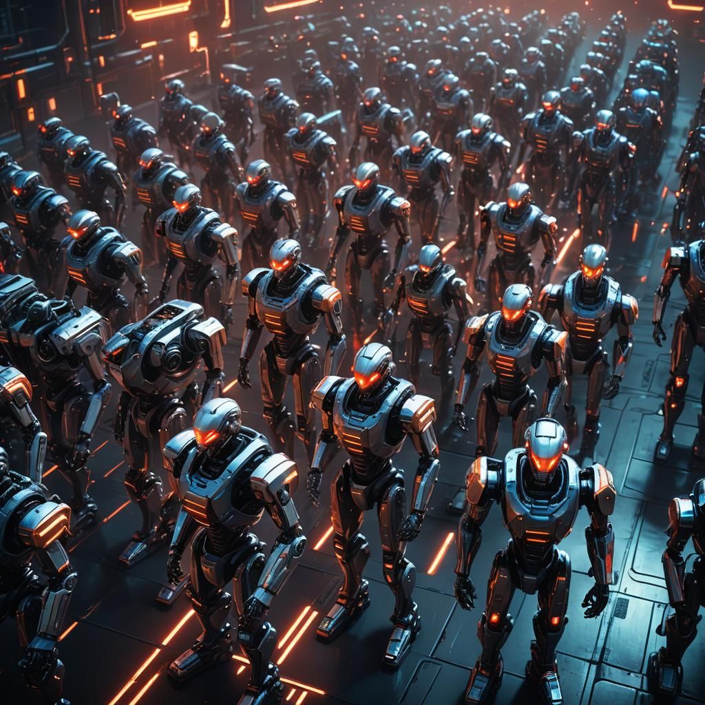 Cyberpunk Robotic Army on Metallic Platform