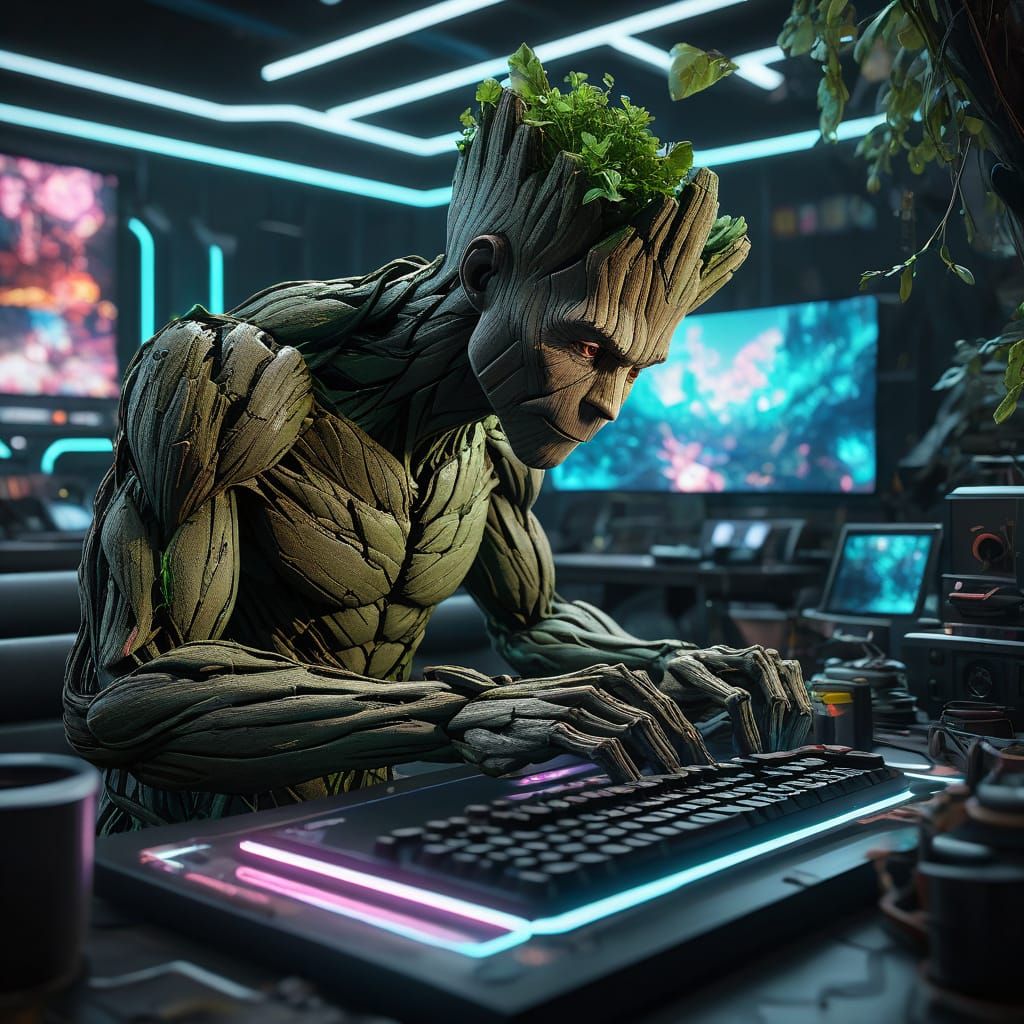 Groot Gaming in a Neon-Lit Paradise, in 3D Anime Style