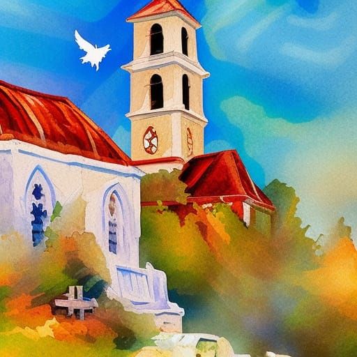 Dove Over Old Church: Gouache Watercolor Impressionism