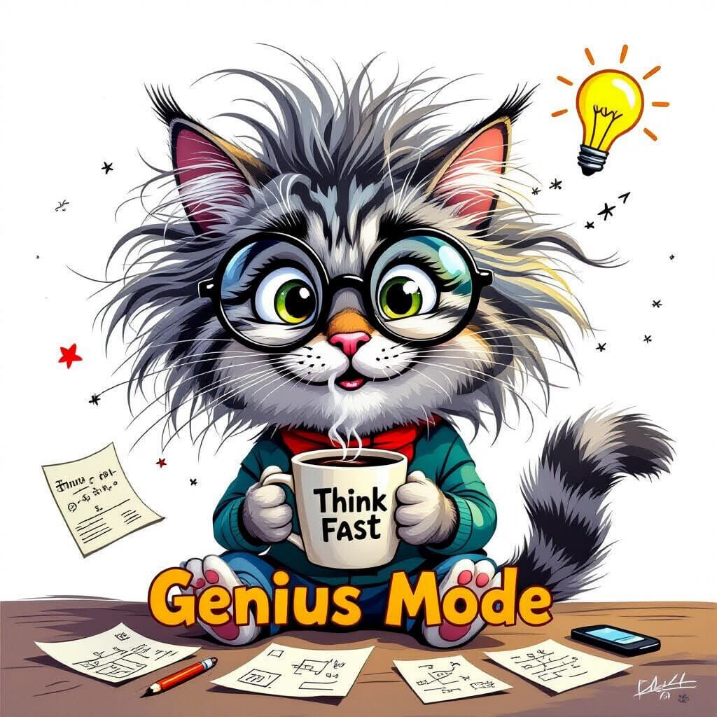 Genius Cartoon Cat in Playful, Exaggerated Style