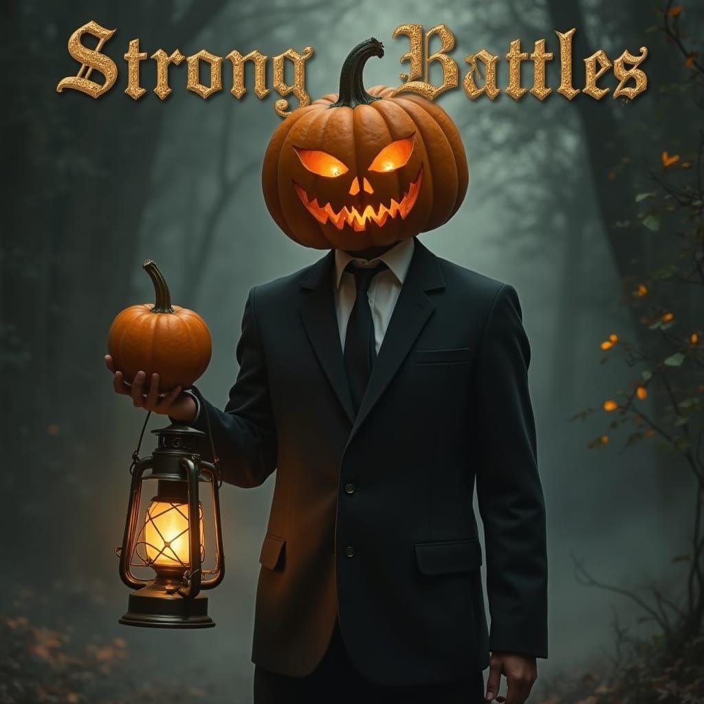Pumpkin Head Man in Black Suit Holding Lantern and Pumpkin