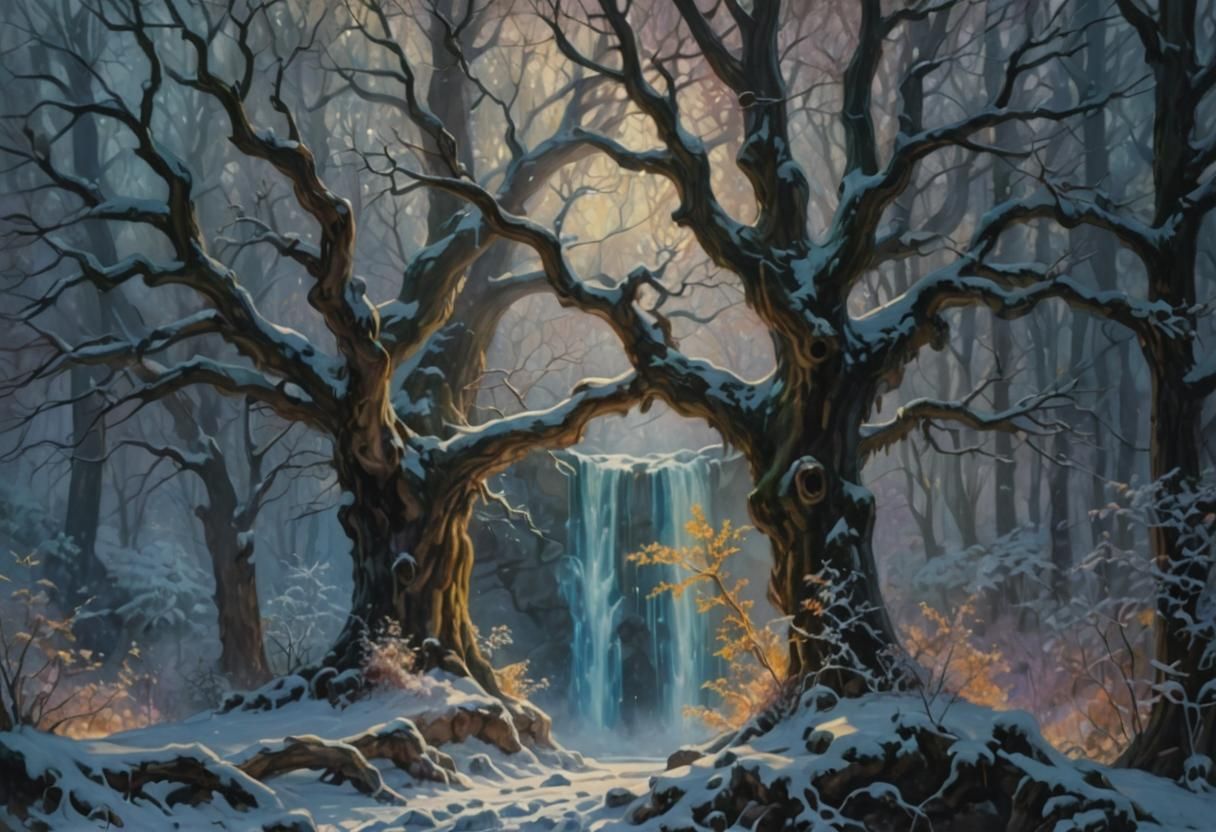 Enchanted Forest: Intertwined Trees and Mystical Waterfall