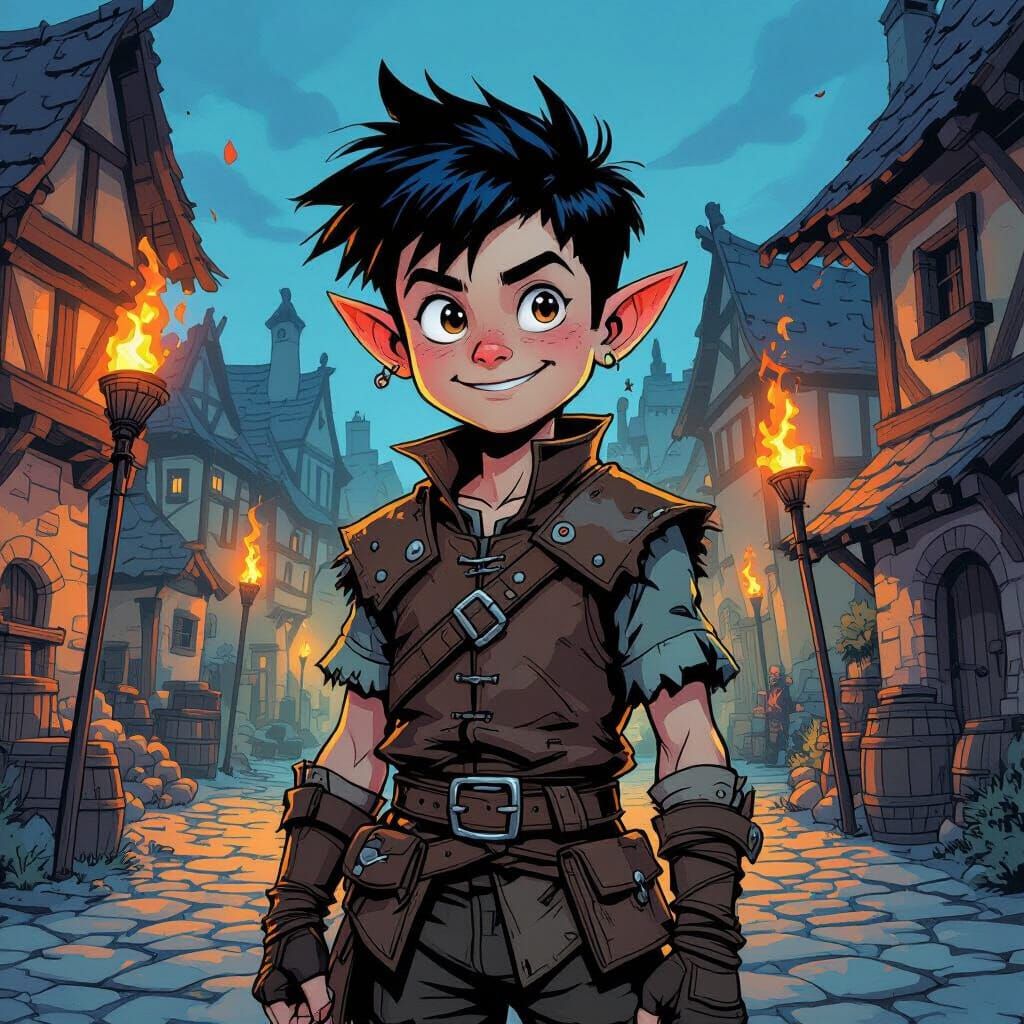 Mischievous Boy Character in Torchlit Village Square