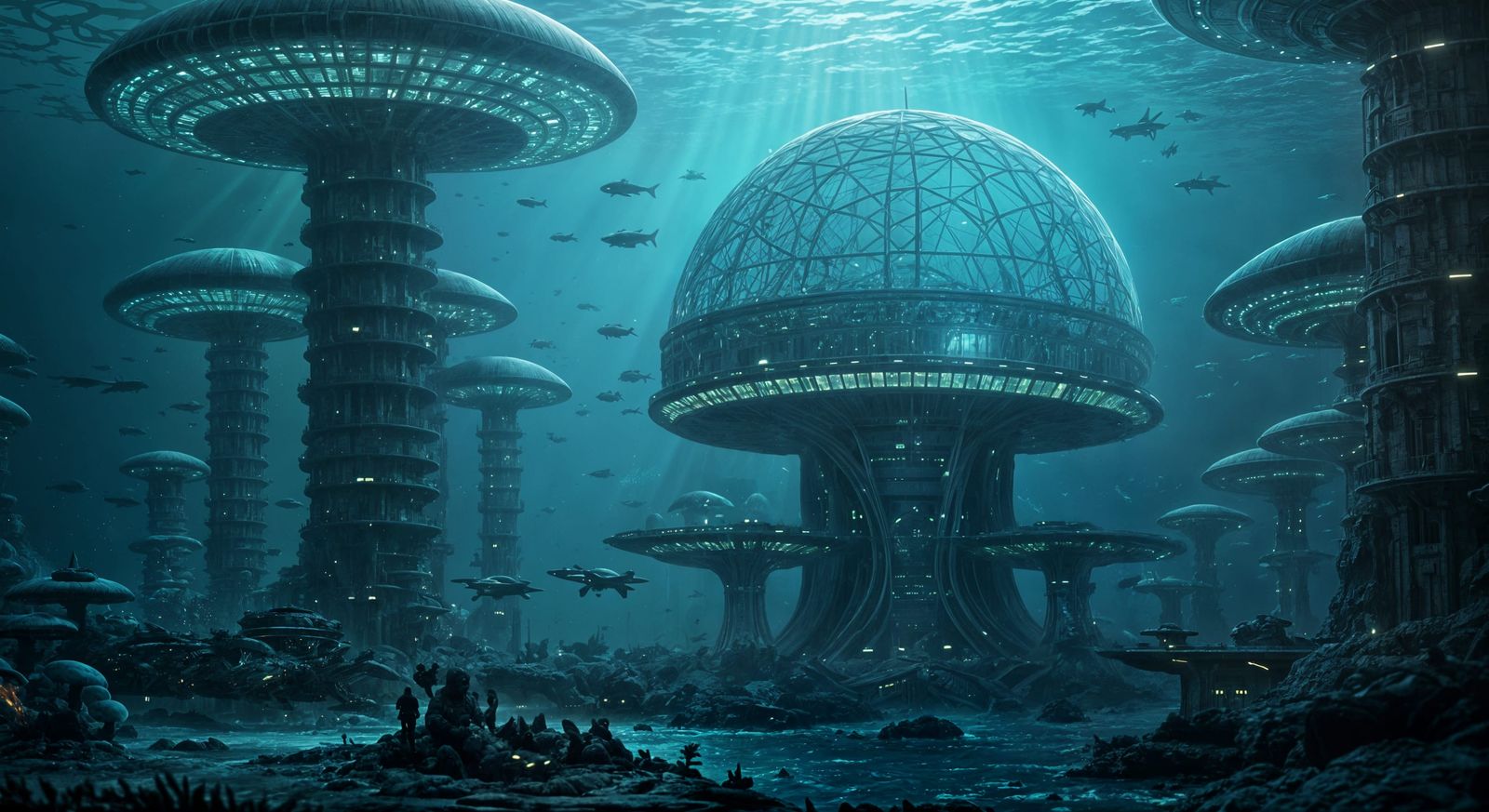 Futuristic Underwater Alien City: Bioluminescent Concept Art