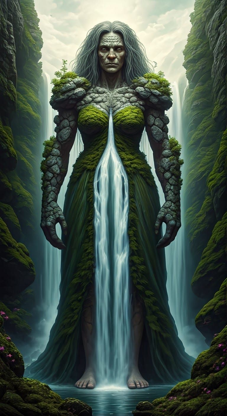 Majestic Waterfall Giantess in Lush Landscape