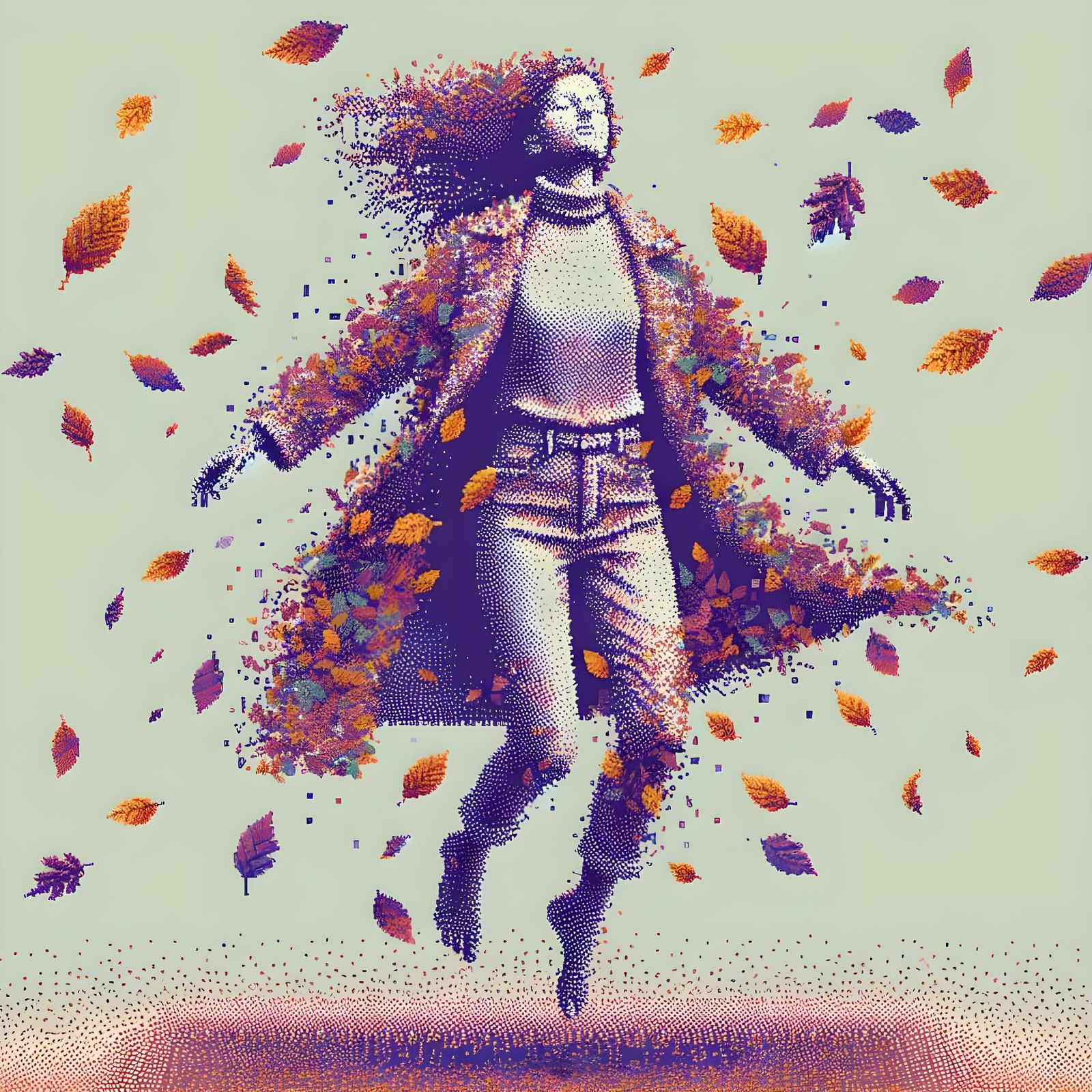 Leaf Woman Falling: Retro Pop-Art Polychromatic Image