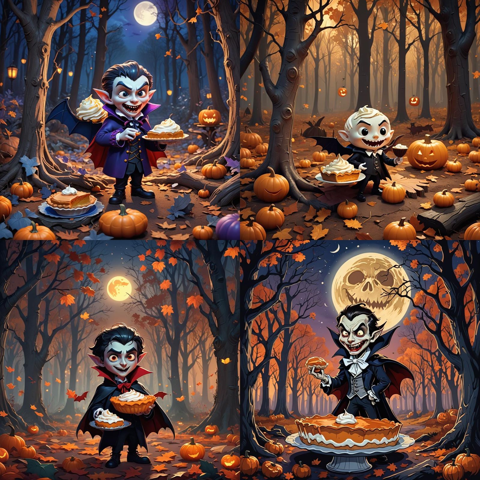 Cute Vampire Enjoys Pumpkin Pie in Woods