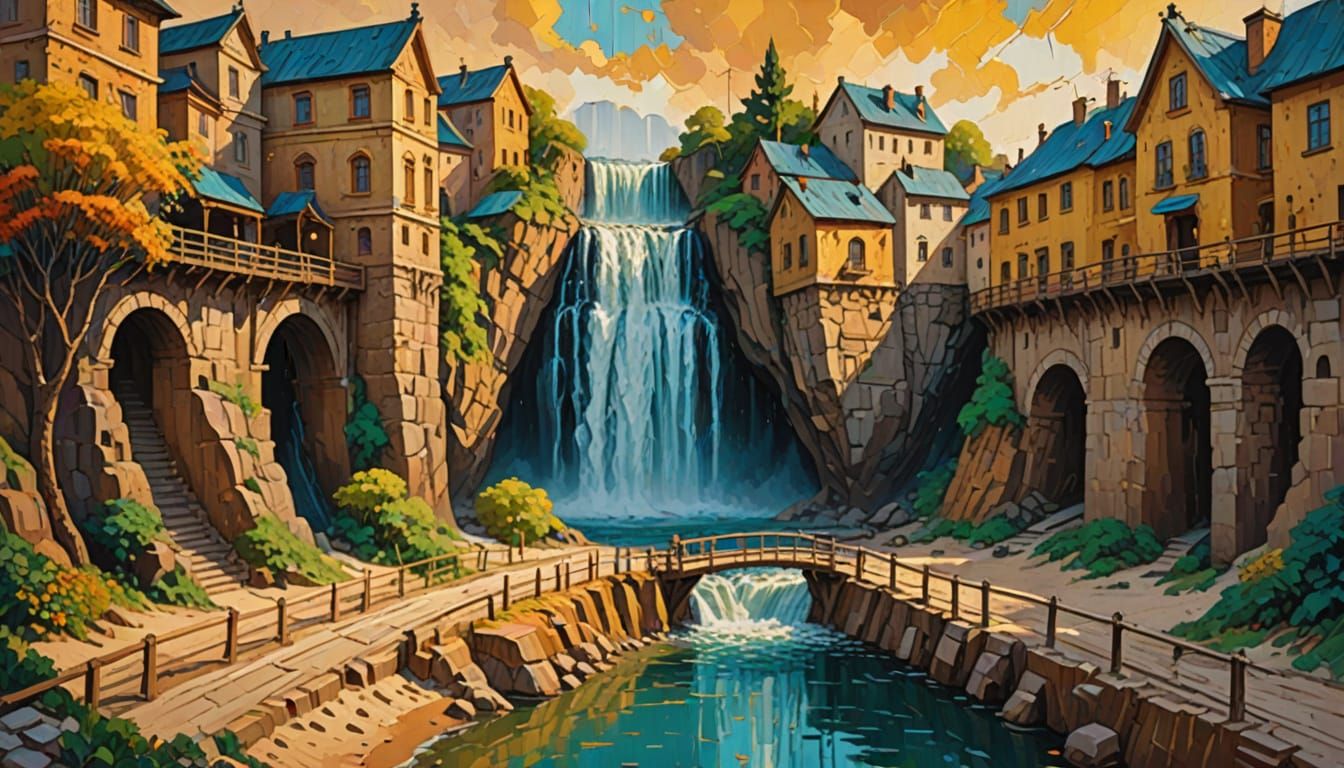 City Bridged by Sand Beside Waterfalls, Impasto Oil