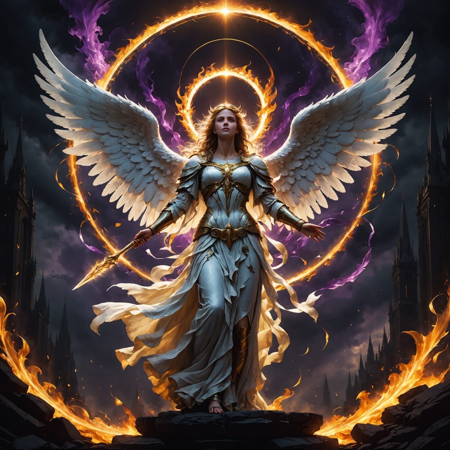 Ethereal Dark Fantasy Angel Ascends in Blazing Splendor