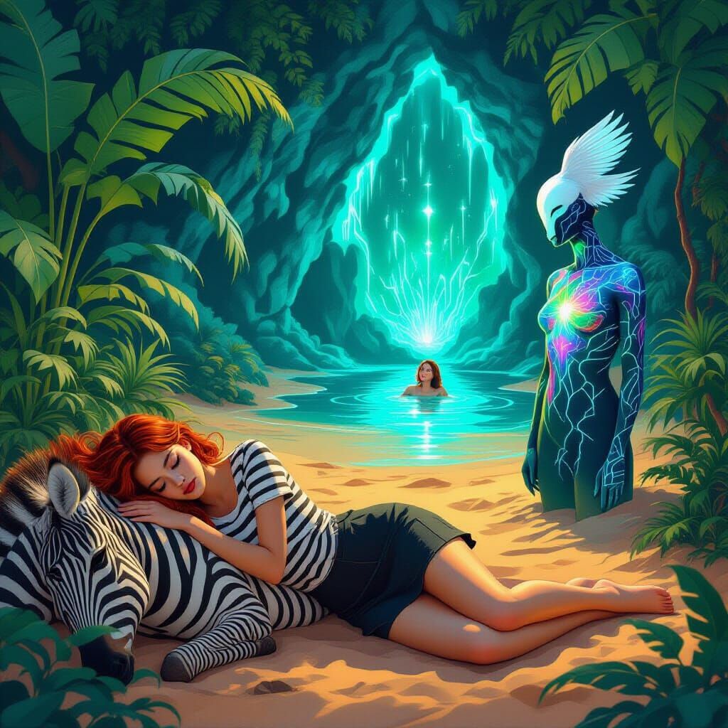 Woman Sleeping on Zebra Amidst Neon Mirage and Gaudí Citysca...