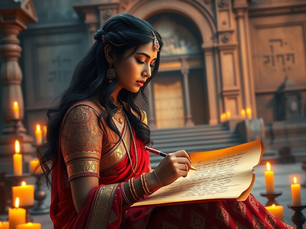 Mystical Indian Goddess in Whimsical Temple Setting