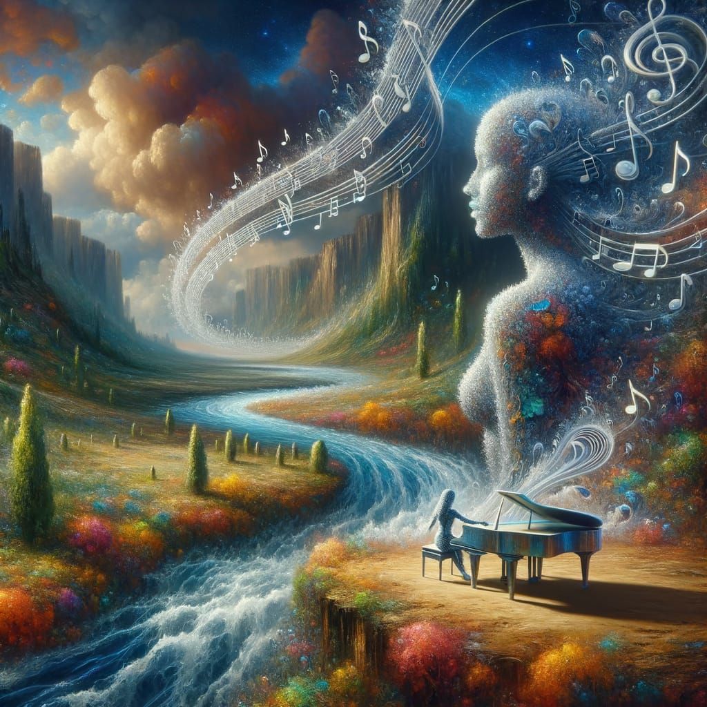 Surreal Landscape of Music Blossoms and Soundwave Figure