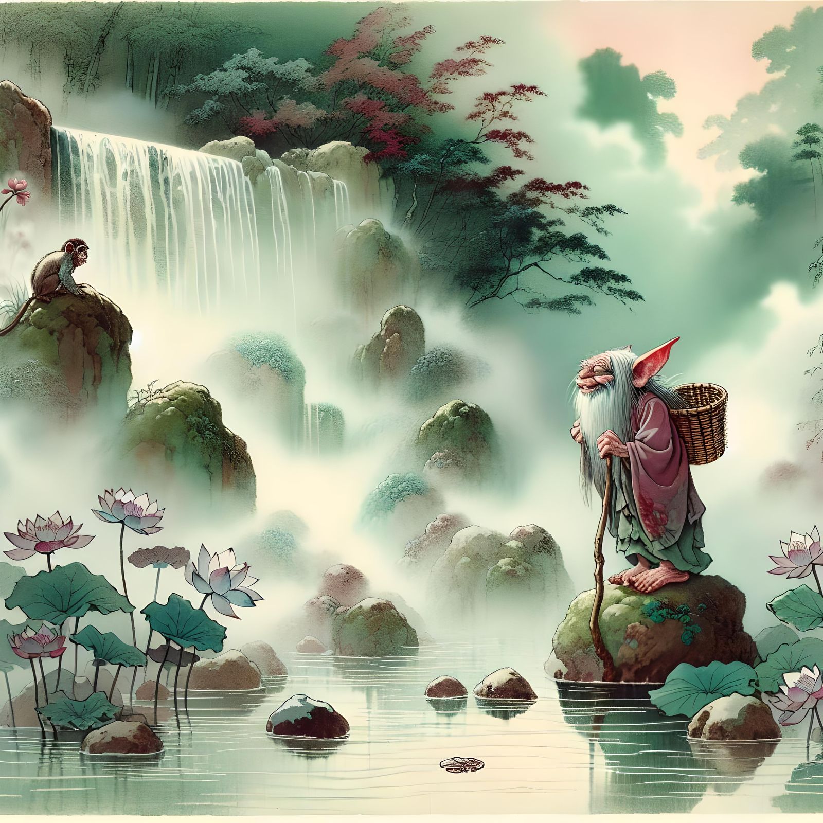 Gremlin and Monkey Conversation in Ukiyo-e Style