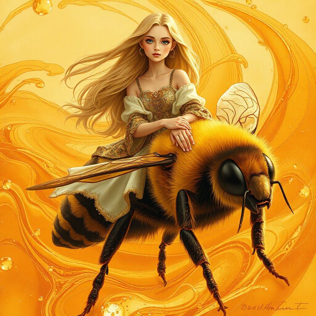 Woman on Giant Bee in Honey Ocean, Art Nouveau & Whimsy