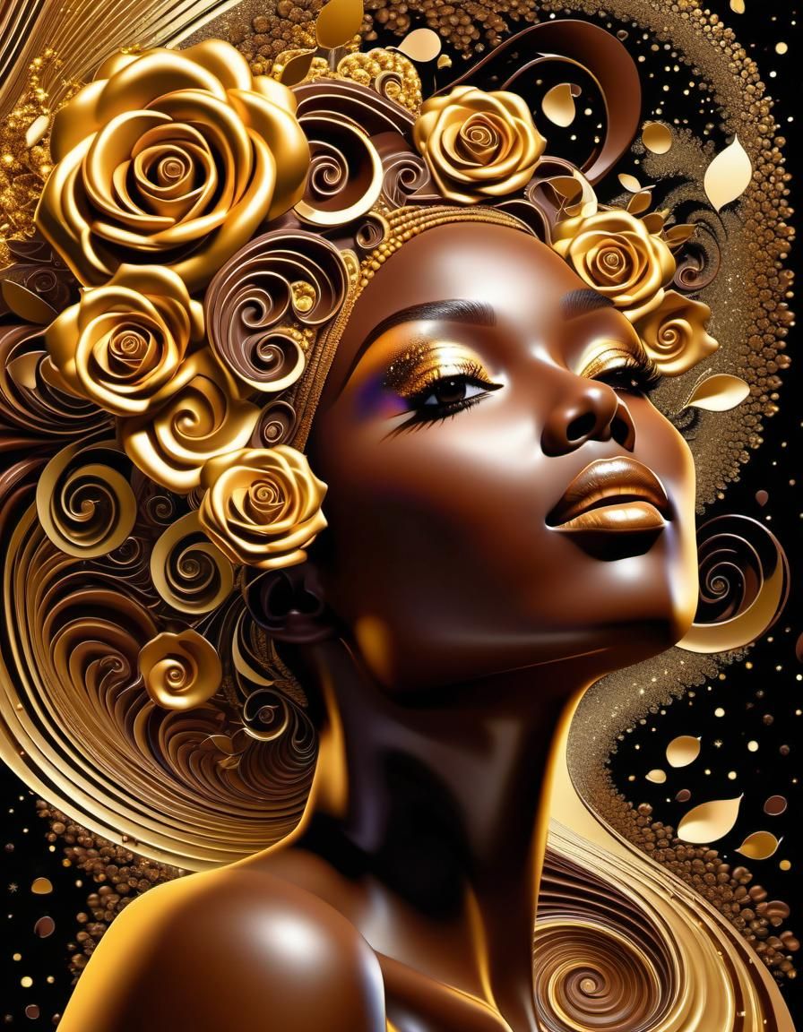 Psychedelic Portrait: Chocolate Woman in Golden Roses