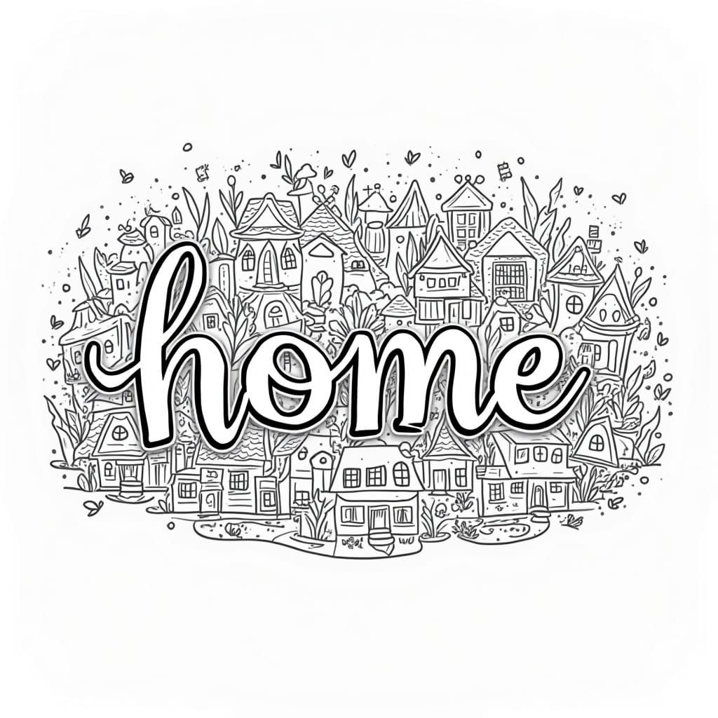 Whimsical Homes Coloring Page in Elegant Script
