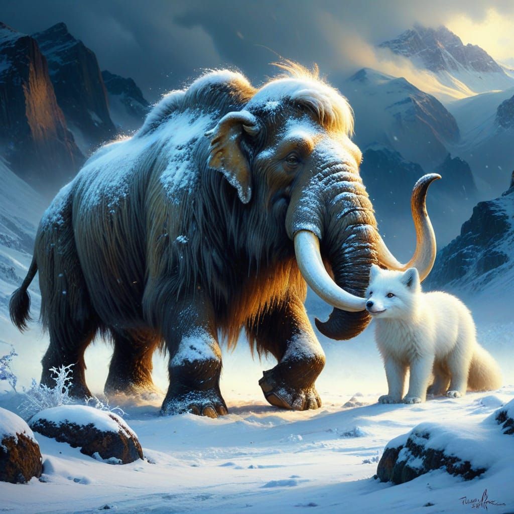 Mammoths in Blizzard Bond with Arctic Fox