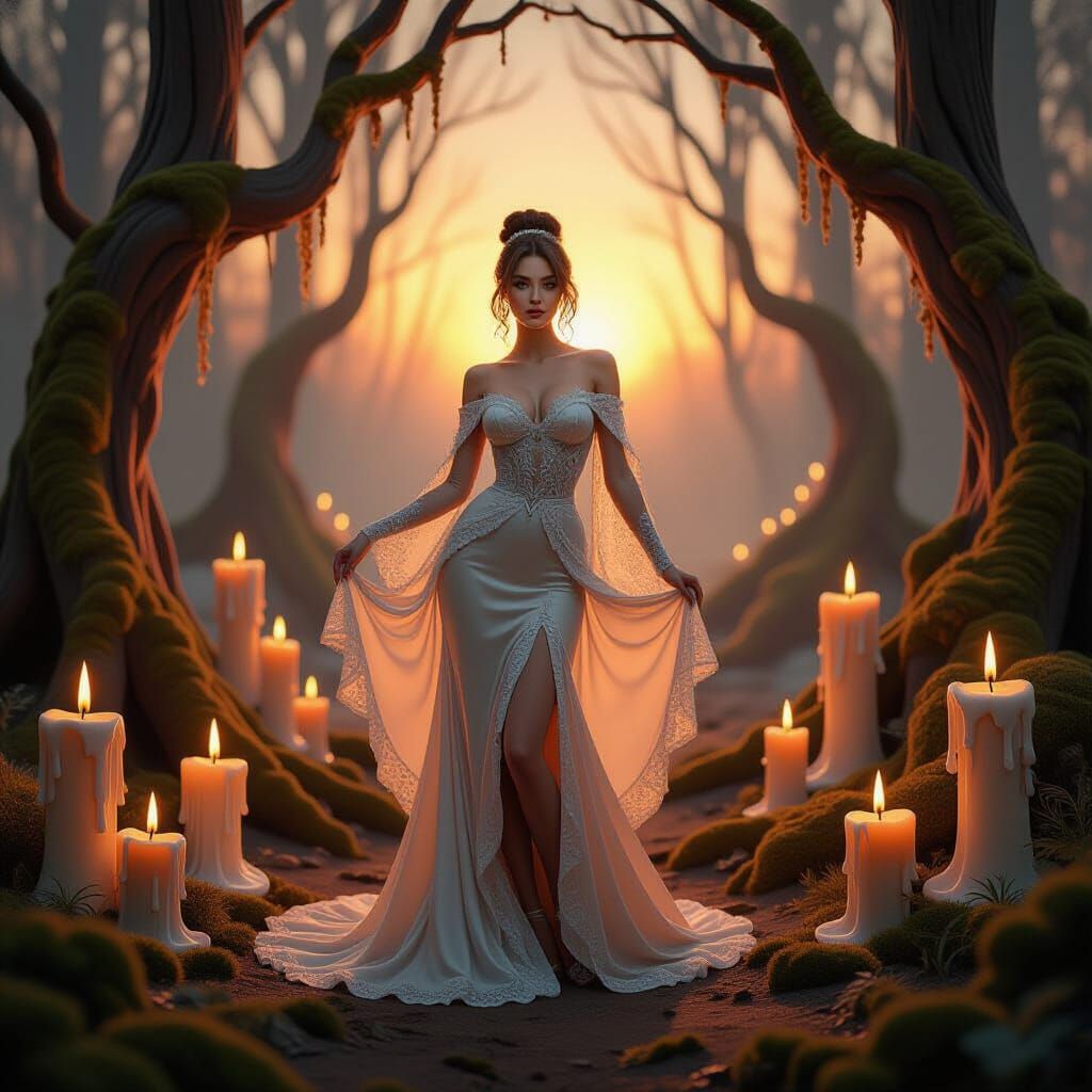 Lady in Gloss Dress in Surreal Sunset Landscape