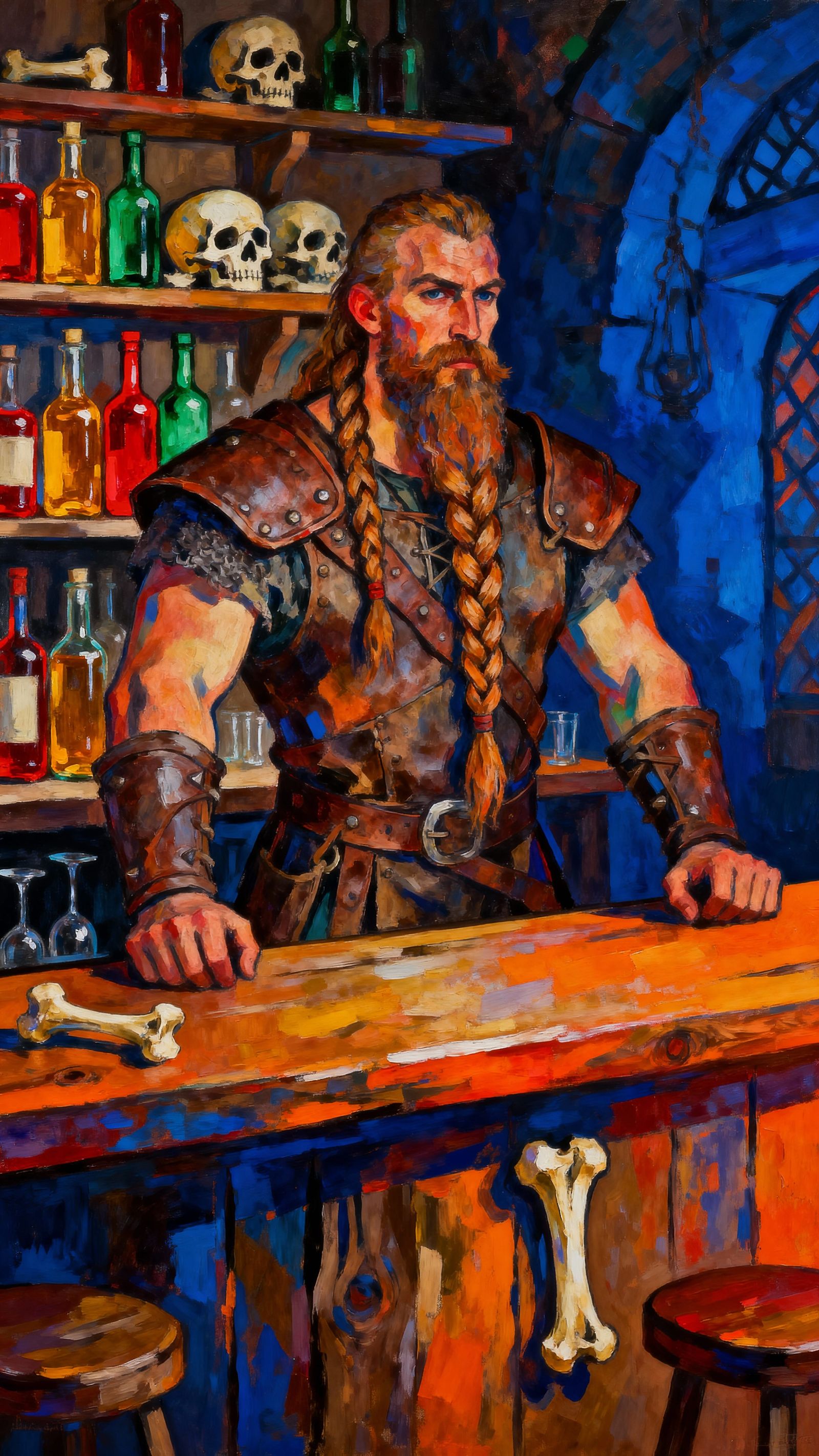 Barbarian Bartender in Ancient Tavern, Vibrant Abstract Styl...
