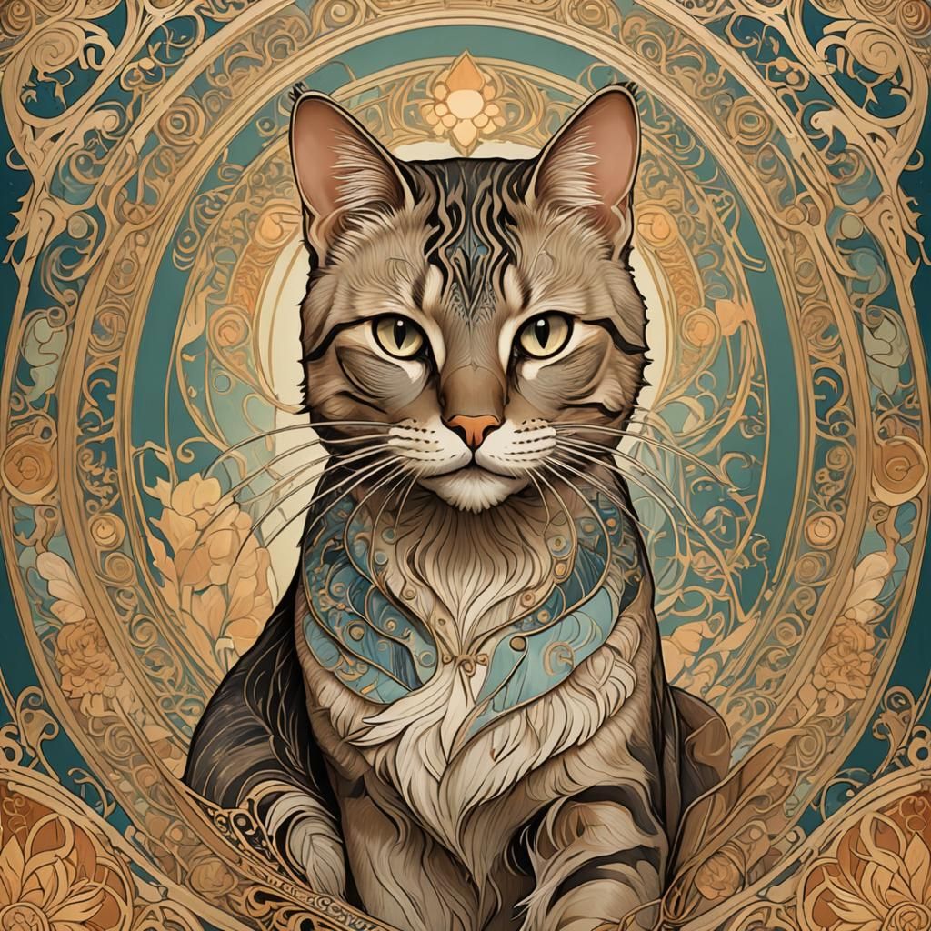 Art Deco Cat with Tabby and Siamese Coloring