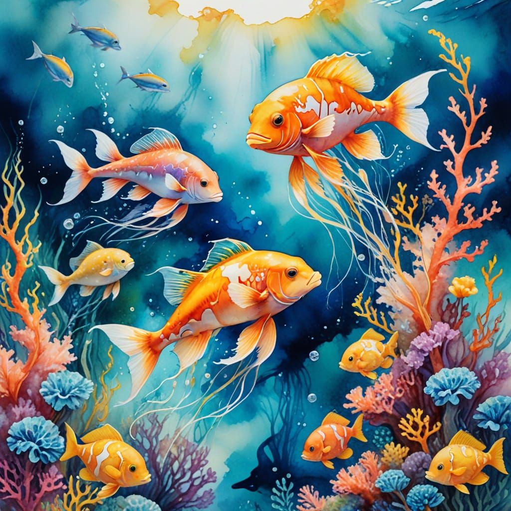 Oceanic Art Nouveau Scene with Bioluminescent Fish