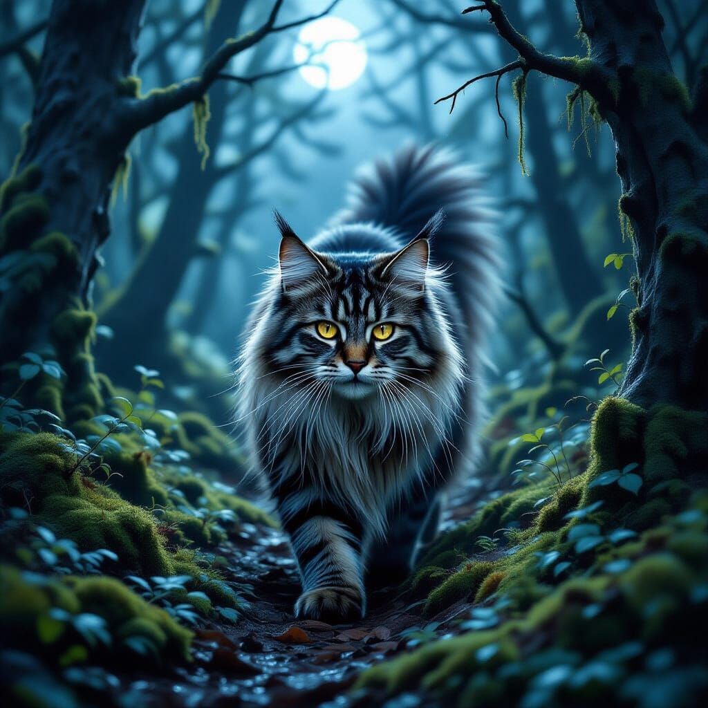 Majestic Maine Coon Cat Patrols Moonlit Forest