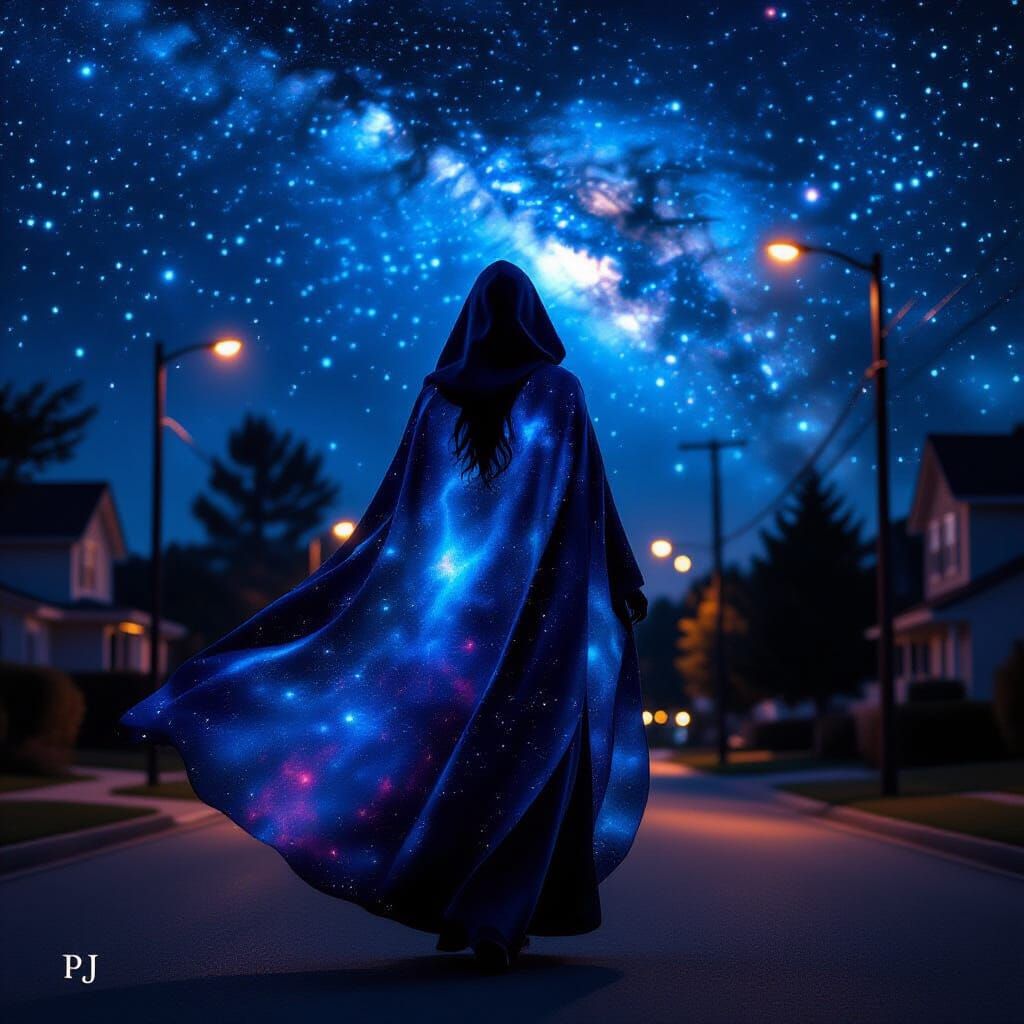 Cosmic Cloaked Woman in Surreal Night Scene