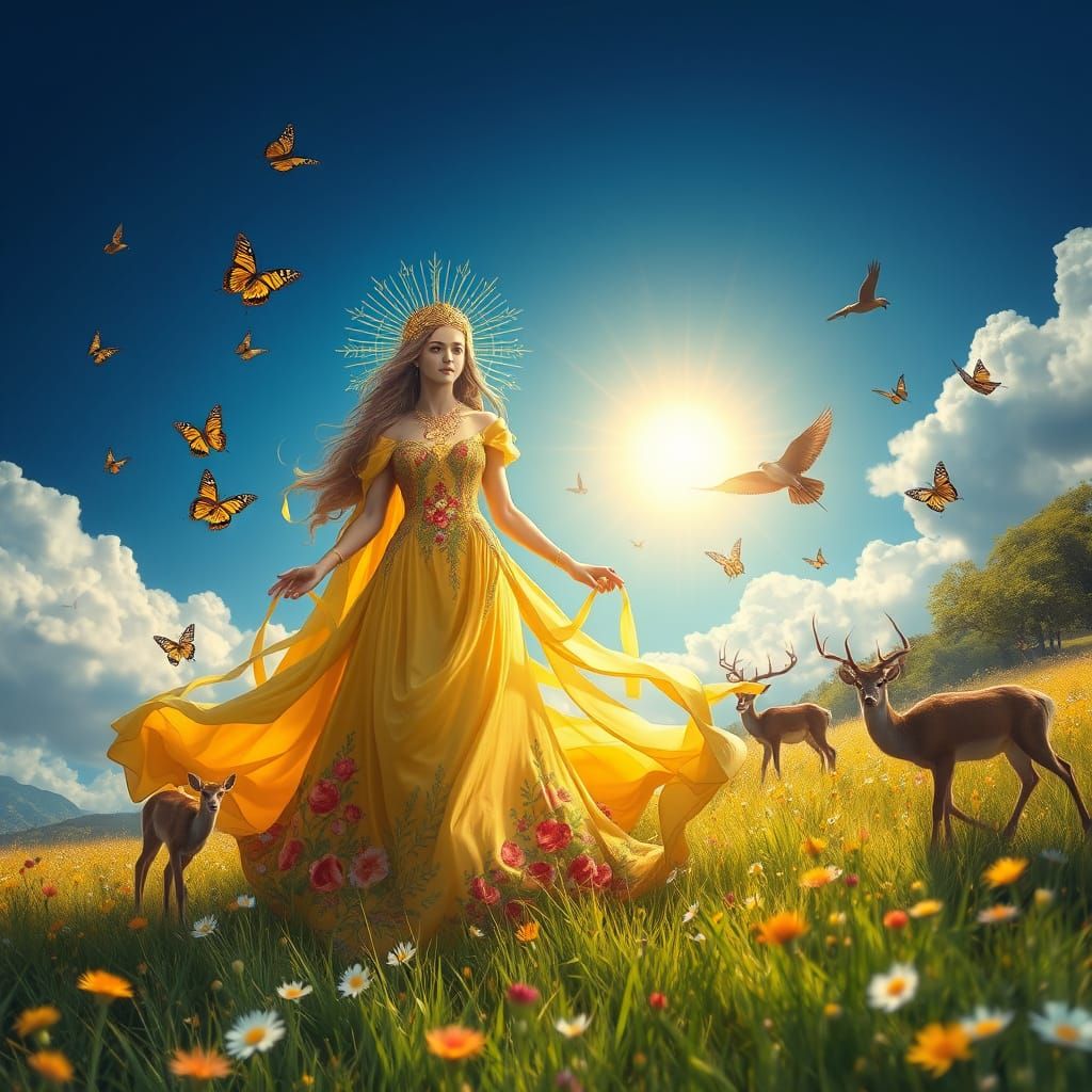 Radiant Goddess in Sun-Drenched Meadow, Fantasy Realism