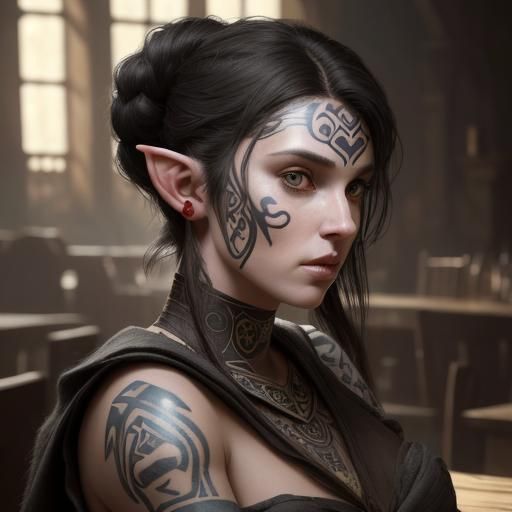 Half-Elf Woman Portrait in Medieval Tavern