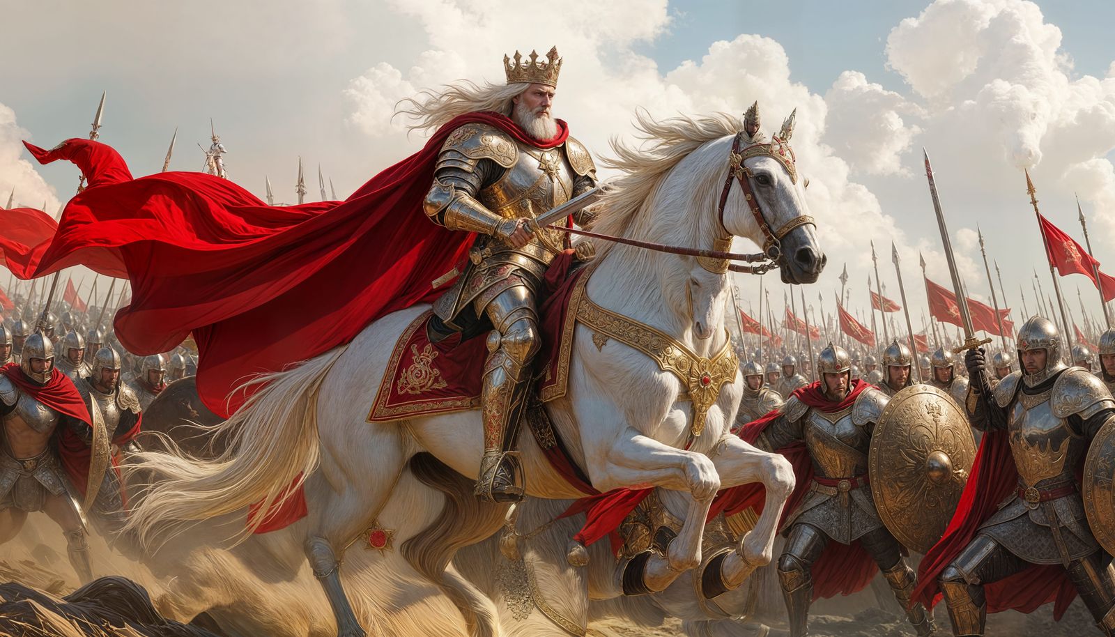 Crowned King in Armor Leads Army on White Steed