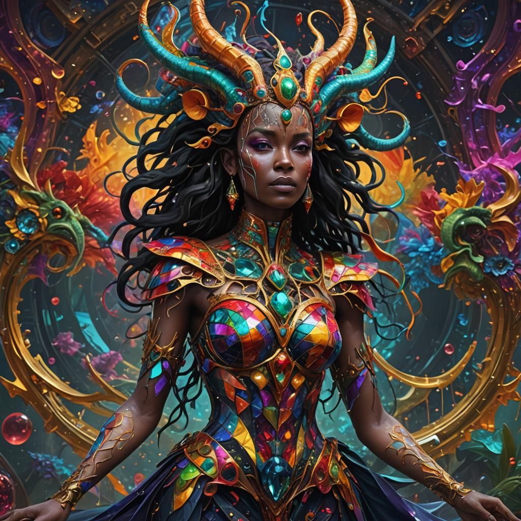 Polychromatic Chimera Goddess with Fractal Geometric Skin