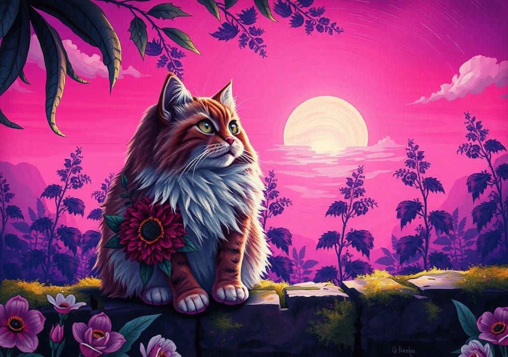 Paisley Cat Gazing at Pink Sunset with Brush Strokes