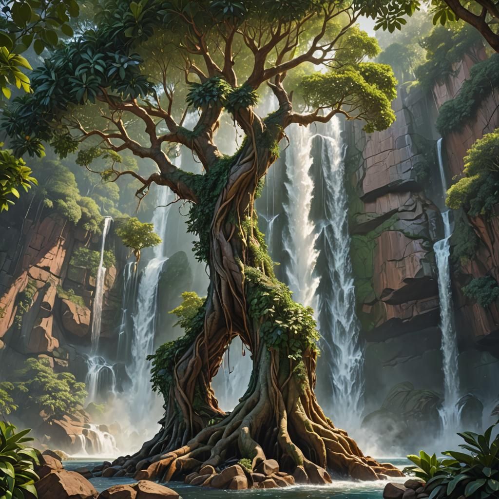 Hyperrealistic Ficus Tree near Waterfall in Splash Art Style