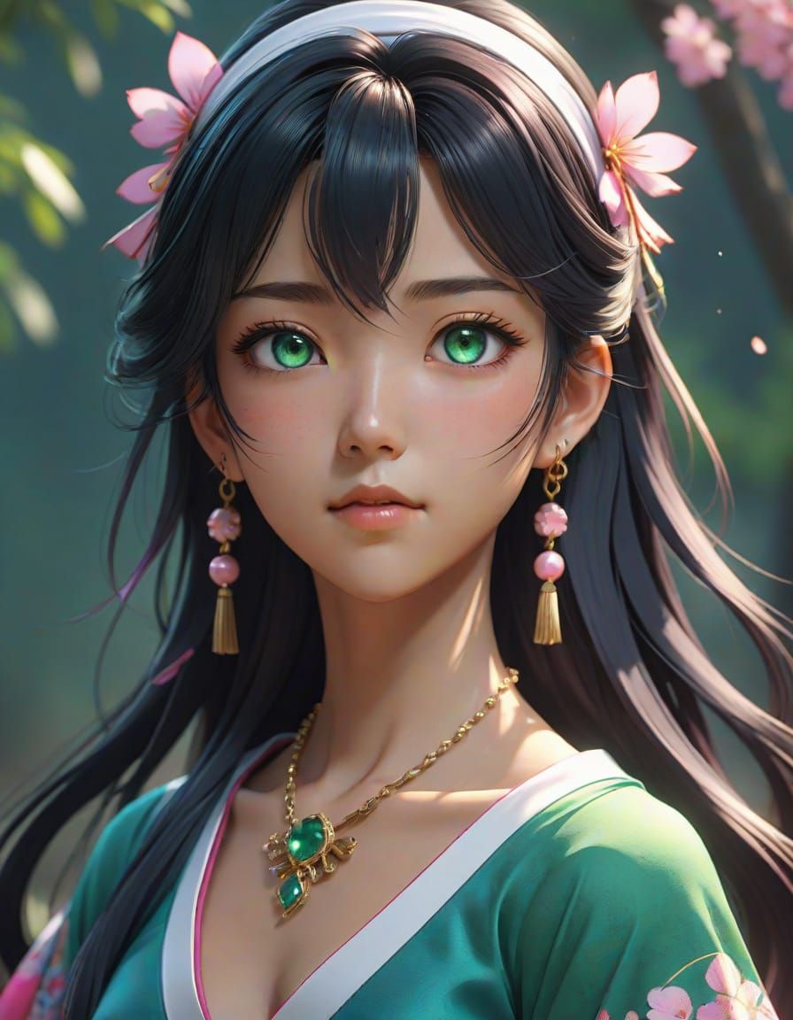 Ethereal Anime Goddess with Emerald Necklace