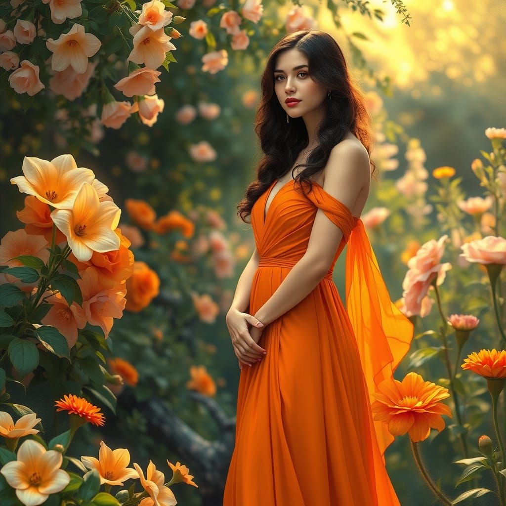 Woman in Orange Dress, Art Nouveau Digital Art