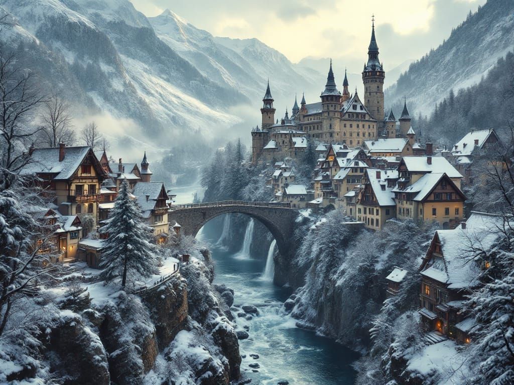 Majestic Medieval Winter Village Amidst Snowy Mountains