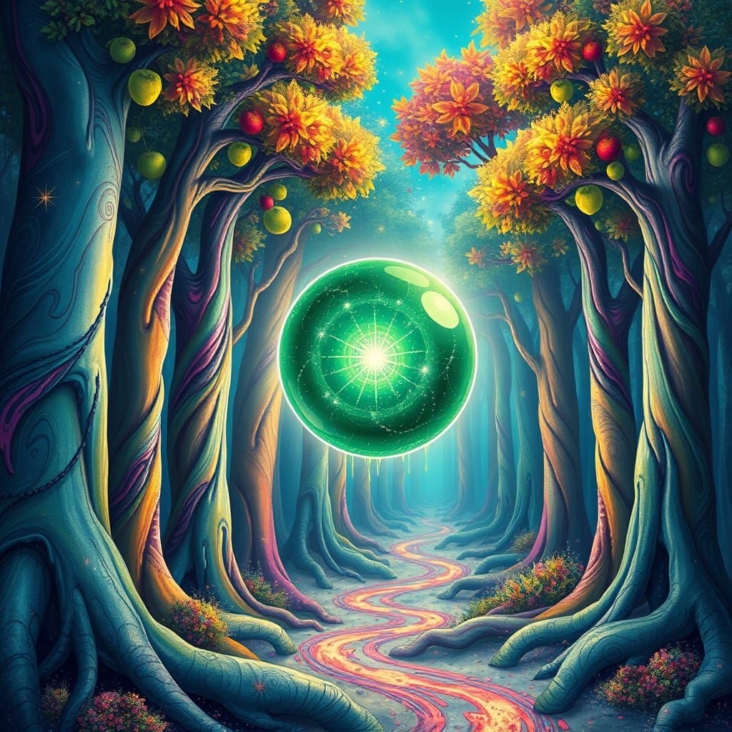 Emerald Orb in Vibrant Cosmic Forest