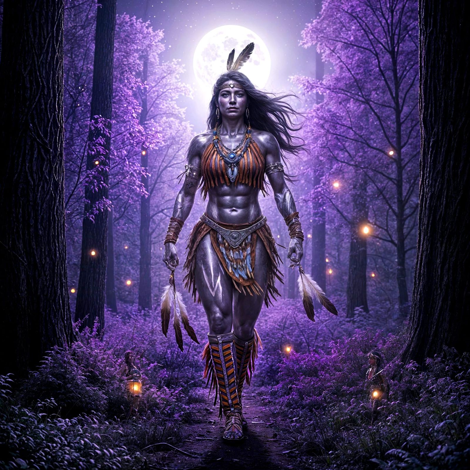 Native American Woman in Surreal Dreamscape Forest