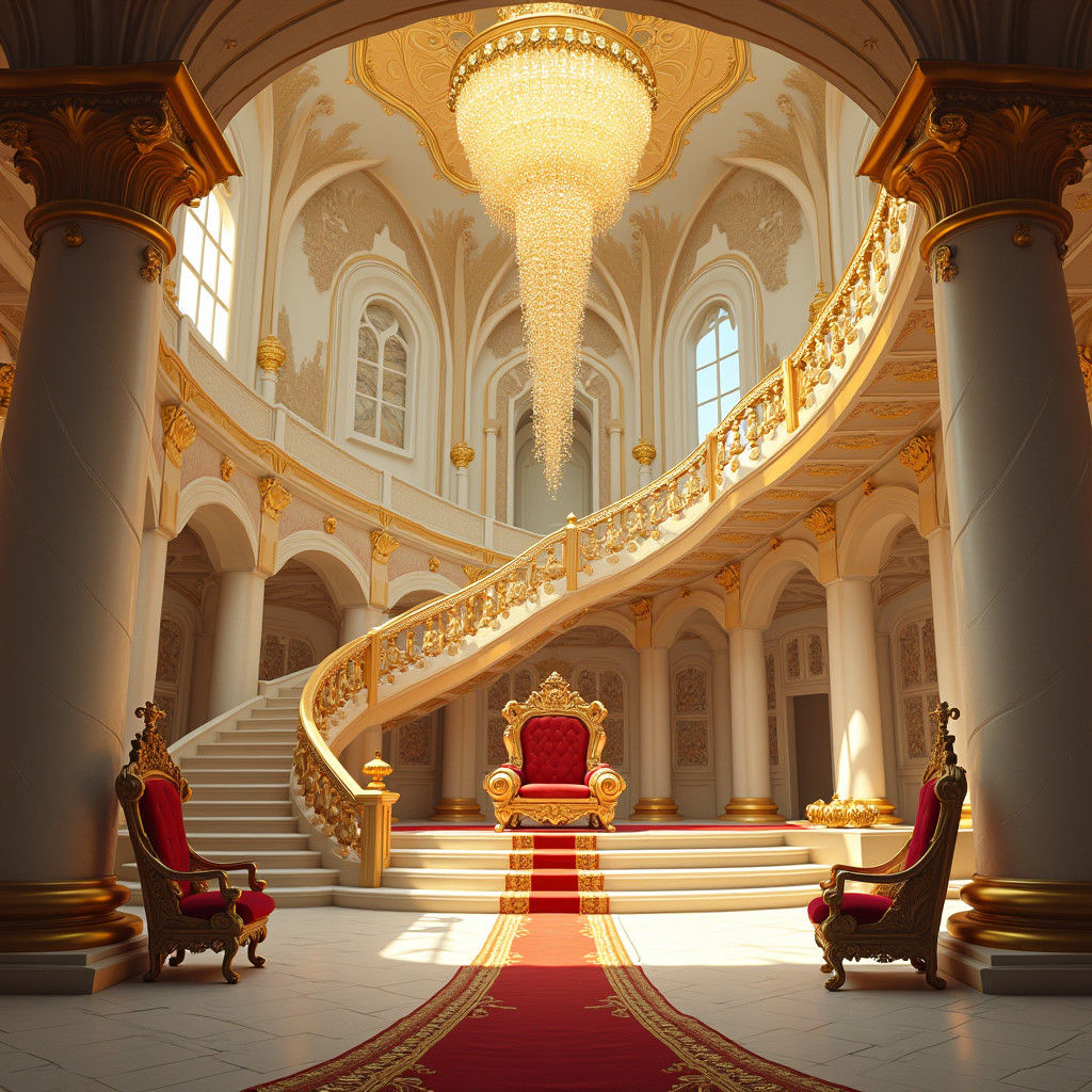 Opulent Ballroom with Golden Staircase: Fantasy Scene