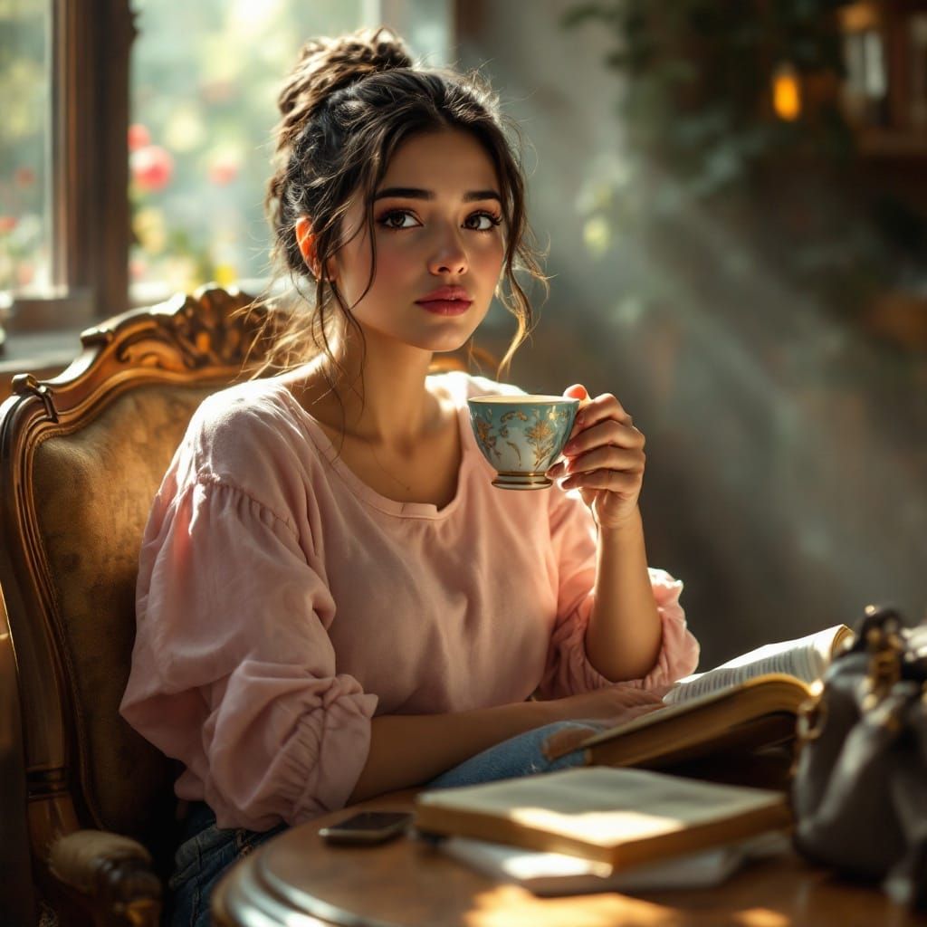 Beautiful Young Arab Woman in Vintage Coffee Shop