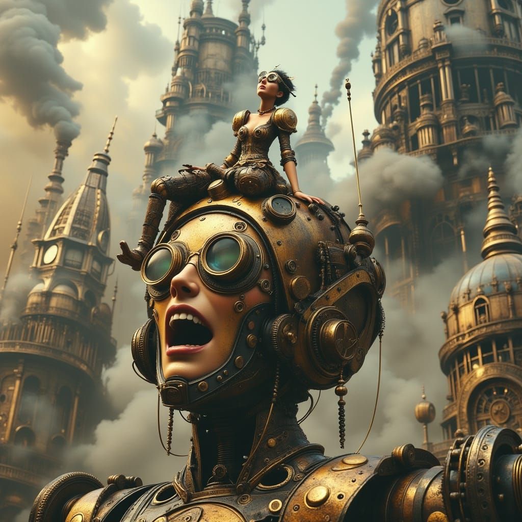Steampunk Woman on Robot in Cityscape