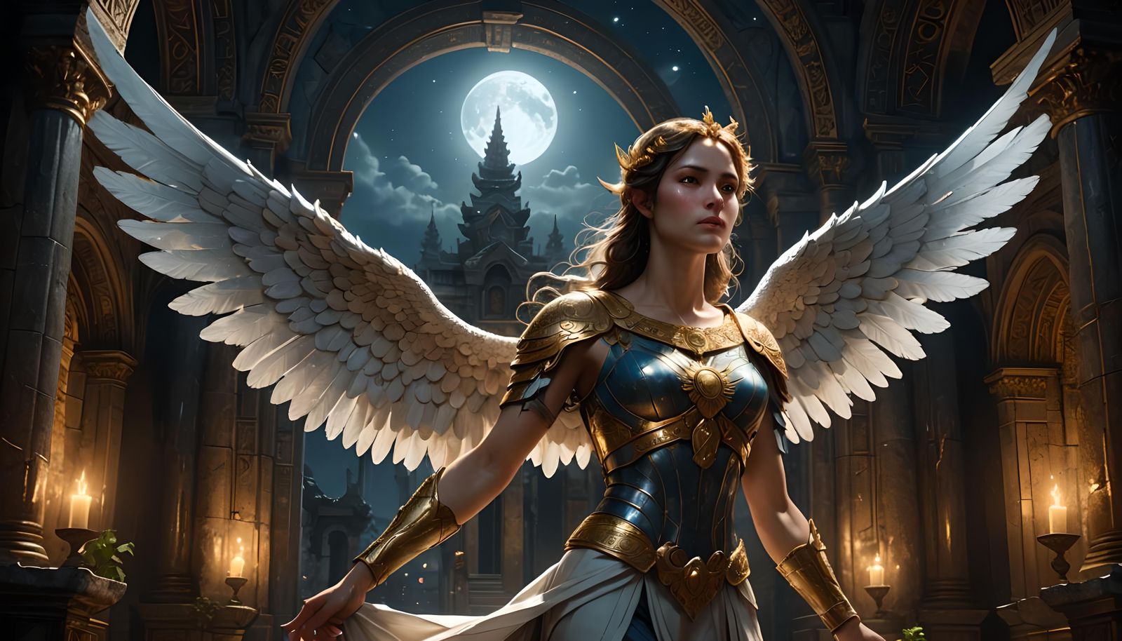 Angel in Ancient Temple, Hyperdetailed Dark Fantasy Art