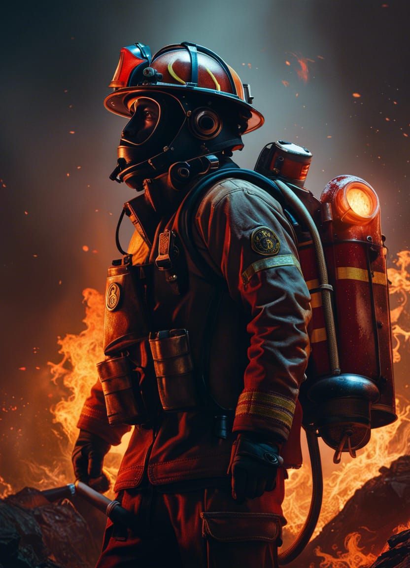 Firefighter in Burning Landscape by Jevtic and Wood