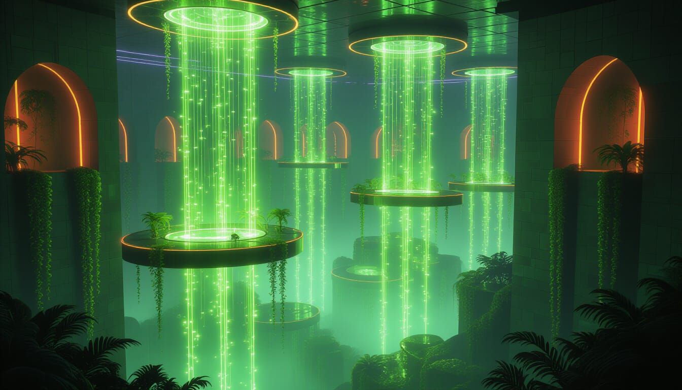 Luminous Floating Gardens in Neon Mist