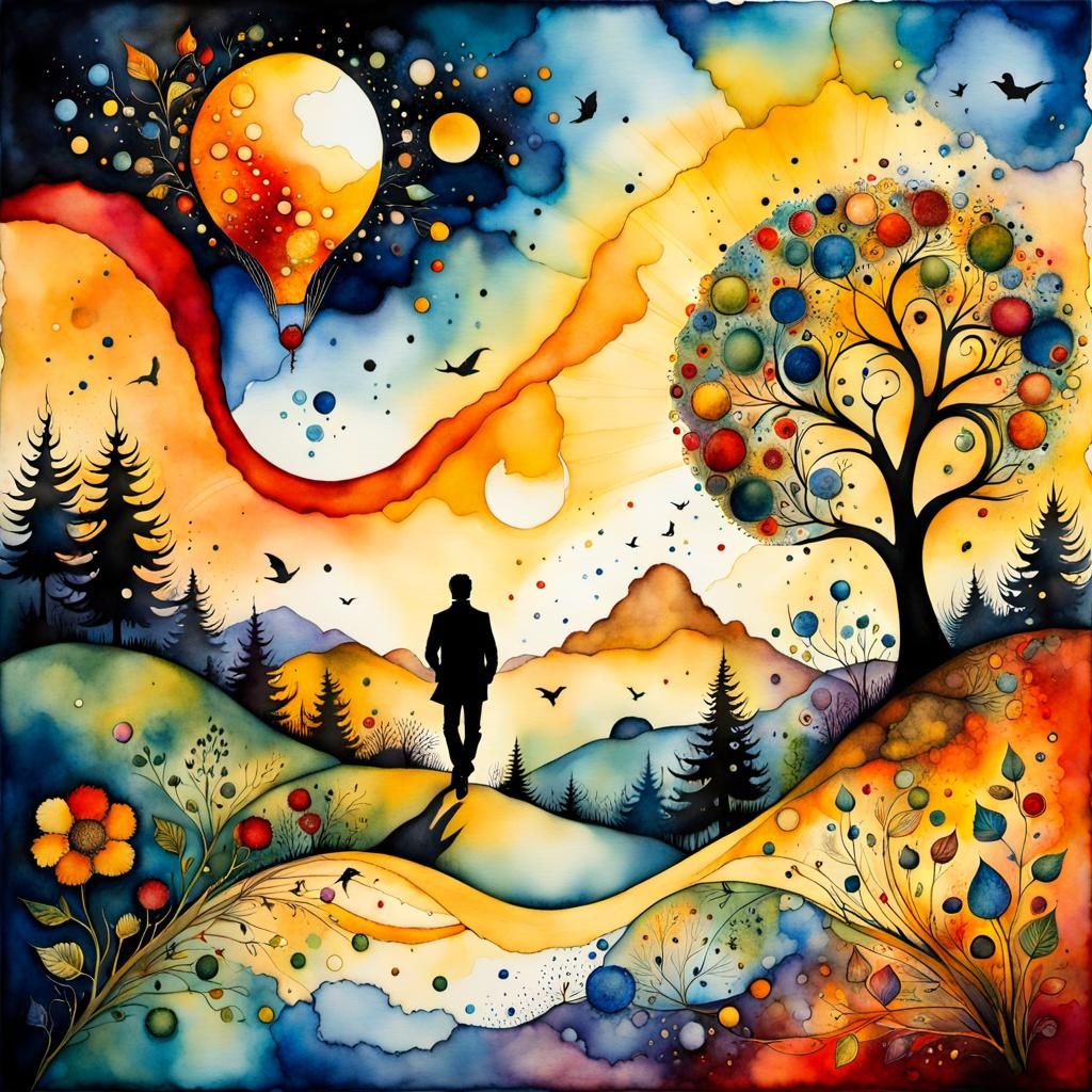 Surreal Dreamscape: Watercolor and Ink in Golden Hour